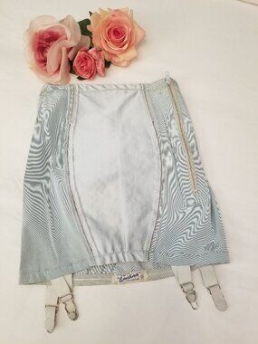 Rare Vintage 1930s Evelina Powder Blue Satin Corset Girdle Open Bottom w/Garters